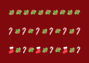 Christmas themed decorative border and text divider set, Christmas Stocking, Candy Cane and Mistletoe Pattern. Vector Illustration.