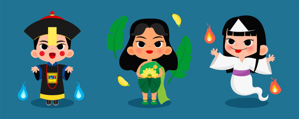 Set of Asian ghosts folklore vector illustration. Chinese Hopping Vampire, Tanee ghost and Japanese yurei ghost