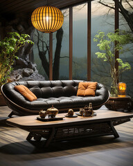 Japanese zen style home interior design of modern living room at night.