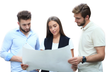 Group of young modern people in smart casual wear having a brainstorm meeting while standing on a transparent background