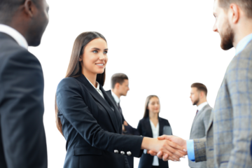 Business people shaking hands, finishing up a meeting on a transparent background