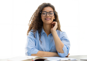 Smiling businesswoman looking at camera, make conference or business call, recording video blog, talking with client on a transparent background