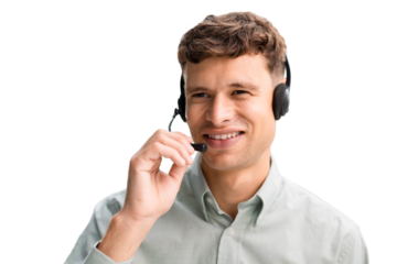 Smiling friendly handsome young male call centre operator on a transparent background