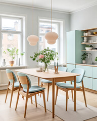 Scandinavian, mid-century style home interior design of modern dining room, kitchen with wooden dining table and turquoise chairs.