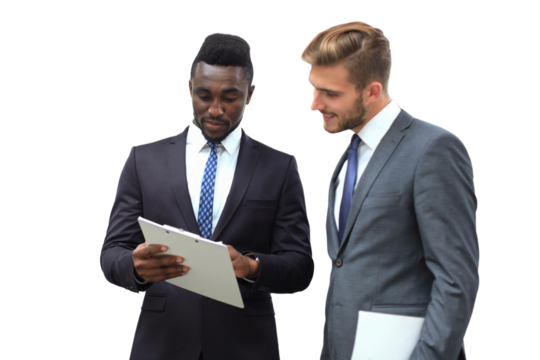 Two multinational young businessmen discussing business at meeting on a transparent background