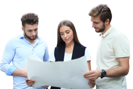 Group of young modern people in smart casual wear having a brainstorm meeting while standing on a transparent background - Powered by Adobe