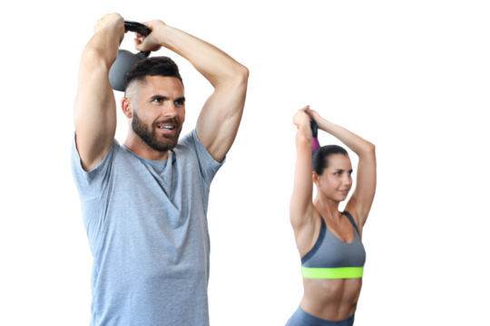Fit and muscular couple focused on lifting a dumbbell during an exercise class on a transparent background