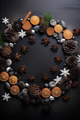 Fototapeta na wymiar Christmas composition. Wreath made of spices and dry oranges Flat lay, top view, copy space