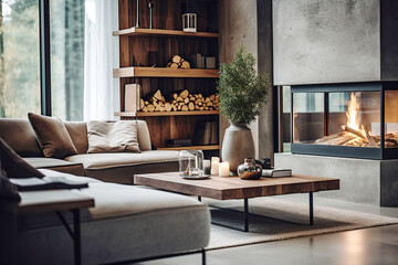 Grey corner sofa by glass fireplace. Minimalist home interior design of modern living room. - obrazy, fototapety, plakaty