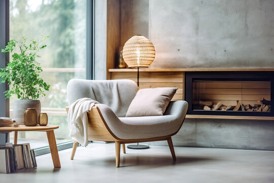 Grey chair by fireplace against window. Scandinavian home interior design of modern living room.