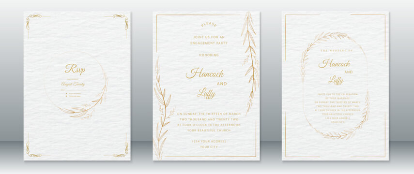 Golden design luxury wedding invitation card template with gold frame leaf wreath ornament and watercolor texture background
