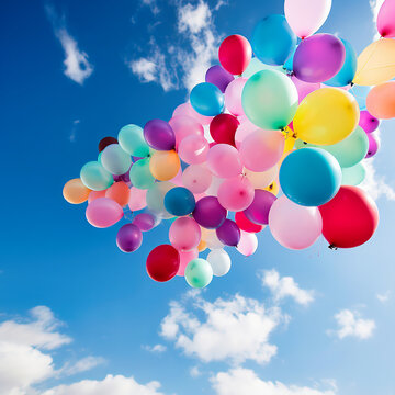 Colorful balloons flying in the blue sky with clouds. Happy Birthday background