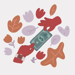 Vector illustration of reached a hand to take money. Hand to hand. Cash concept.