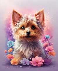Digital illustration of a Yorkshire Terrier dog, a composition on a background of beautiful pink-purple flowers with a drawing effect, background for postcards and posters