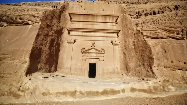 Epic Dolly In On Ancient Saudi Arabian Rock Tomb - Wide Shot