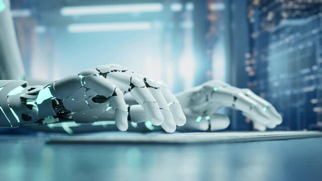 AI Robotic Hand Laying On A Laptop Keyboard In A Futuristic Setting Workshop Animation Natural Language Processing