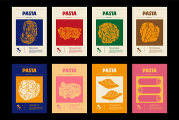 Italian macaroni types, labels for packages set. Tagliolini, paglia e fieno, tagliatelle, pappardelle, lasagnette, conchiglioni, cannelloni, all'uovo pasta. Organic and natural product.