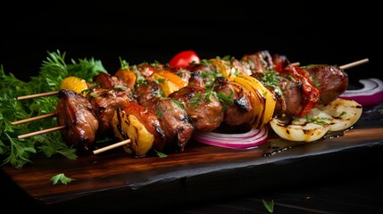 Shish Kebab on Skewers with Onions: A Delicious and Easy Recipe for Grilling Meat and Vegetables on a Black Wooden Table