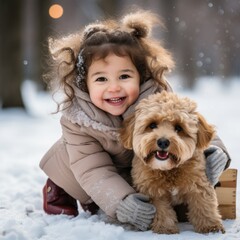 "Twinkling with Playfulness: Girl and Her Playful Dog in Christmas Splendor"