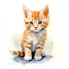 Ginger tom kitten. Stylized watercolour digital illustration of a cute cat with big eyes.