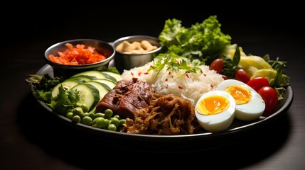 Delicious and healthy starter plate with assorted appetizers, dips and bread