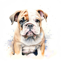 Fototapeta premium British bulldog puppy on a white background. Cute digital watercolour for dog lovers.