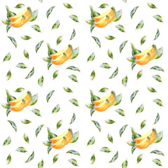 Watercolor seamless persimmon pattern with orange fruits slice and green leaves. Hand drawn harvest season background