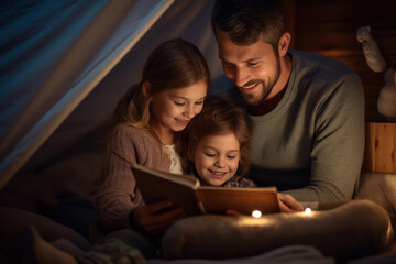 Mother and Father reading a bedtime story to their child, creating a heartwarming and bonding moment. Generative Ai