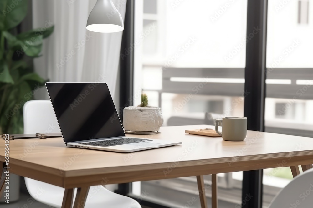 Poster workspace table with laptop. business display. generate ai