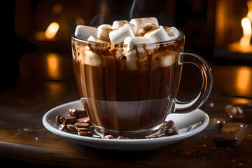 Hot chocolate with whipped cream and marshmallow, Warm cozy Christmas drink, Pouring hot chocolate into mug