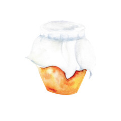 Watercolor orange color jam jar with white cover. Persimmon, orange fruit jam bottle for product, logo, package design isolated on white background, vintage