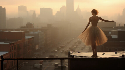 Urban Elegance: A Ballerina on a City Rooftop, Poised Gracefully Juxtaposed with the Metropolis