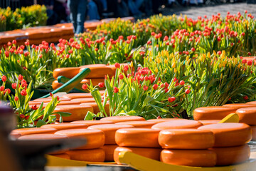 cheese loafs between red tulips - obrazy, fototapety, plakaty
