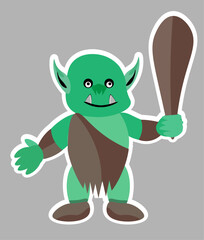Vector green goblin or orc child cartoon character sticker on gray background
