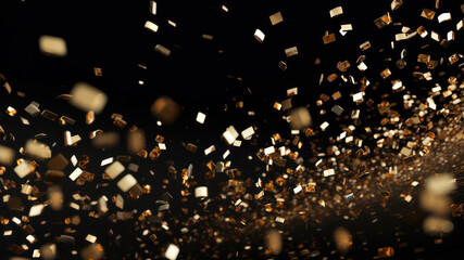 Gold confetti on black background. Festive background with golden confetti. - obrazy, fototapety, plakaty