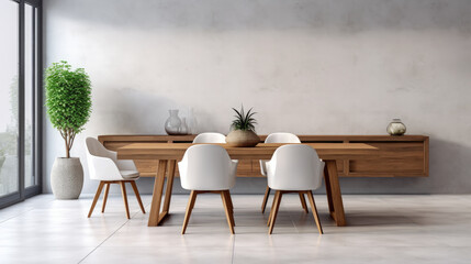 Fototapeta premium Interior design of stylish dining room interior with family wooden table, modern chairs, plate with nuts, salt and pepper shakers. Concrete floor. White wall.
