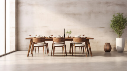 Interior design of stylish dining room interior with family wooden table, modern chairs, plate with nuts, salt and pepper shakers. Concrete floor. White wall.