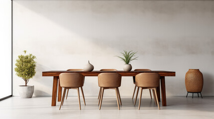 Interior design of stylish dining room interior with family wooden table, modern chairs, plate with nuts, salt and pepper shakers. Concrete floor. White wall.