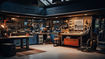 Garage workspace with an industrial touch. Emphasize workbenches, metal tools, and hanging lights. Color palette: Denim blue, gunmetal, and timber - obrazy, fototapety, plakaty