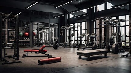 Gym with industrial design elements. Feature metal equipment, large mirrors, and rubber flooring. Color palette: Jet black, chrome, and athletic gray