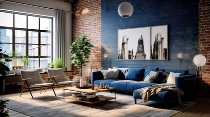 Studio apartment with industrial features. Emphasize open brick walls, large art pieces, and minimalist furniture. Color palette: Cobalt blue, matte gold, and off-white