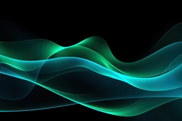 Fotobehang Abstract background with blue and green waves on a black background. Color light green abstract waves design © Alex