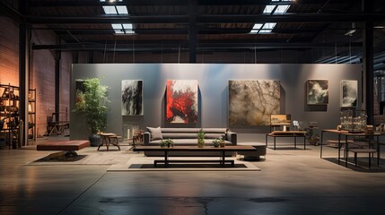 Warehouse transformed into a living space. Showcase the open space, large art pieces, and metal...