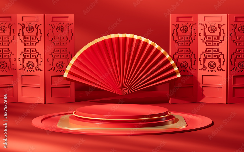 Poster red chinese style background stage, 3d rendering.