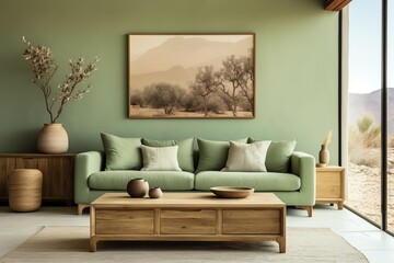 Fototapeta na wymiar Living room interior with soft sofa Comfortable atmosphere with green tone.