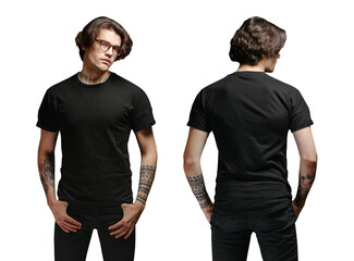 Man model with glasses wearing black blank t-shirt and black jeans over transparent background. Front and back view - obrazy, fototapety, plakaty