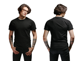 Man model with glasses wearing black blank t-shirt and black jeans over transparent background. Front and back view