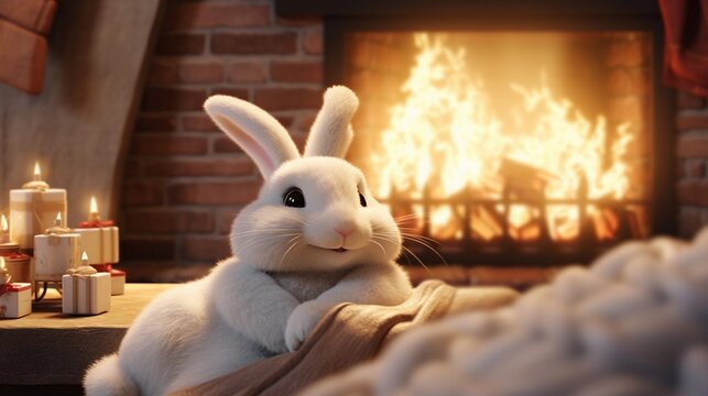 A Contented Bunny Resting By The Fireplace On A Cozy Christmas Evening With Room For Text, Background Image, Generative AI