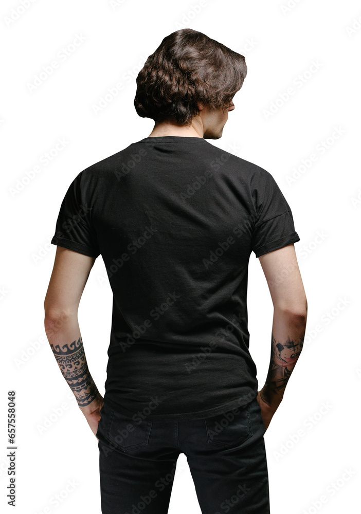 Wall mural Hipster handsome male model wearing black blank t-shirt and black jeans. Back view over transparent background - Wall murals