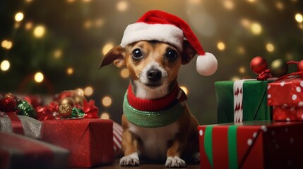 A dog dressed as a Christmas elf, surrounded by beautifully wrapped presents and twinkling lights, with space for text, background image, generative AI - obrazy, fototapety, plakaty